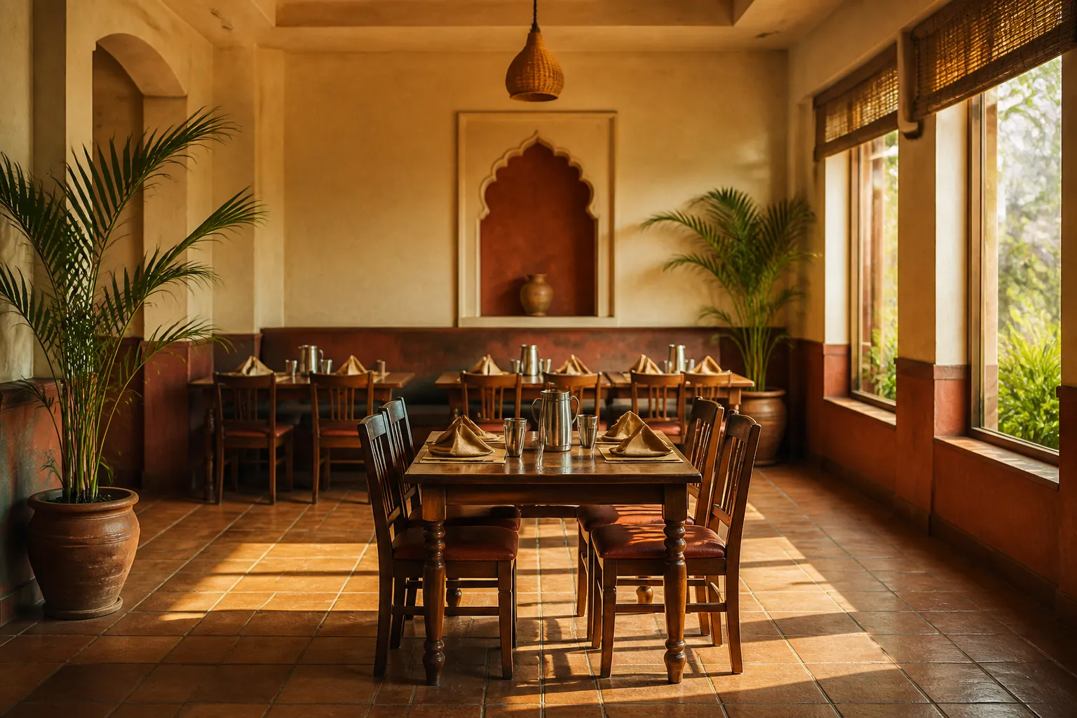 Empty restaurant tables on a quiet weekday morning in Bhubaneswar