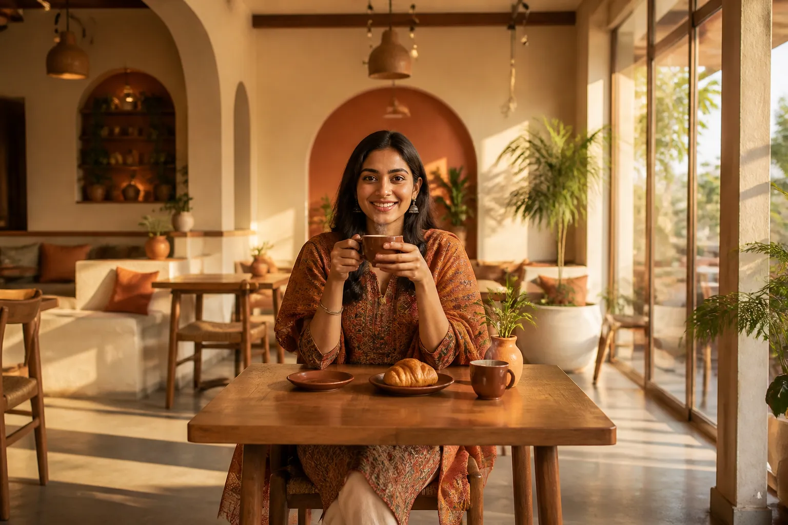 Inside a warm, sunlit Bhubaneswar cafe with chai and fresh pastries